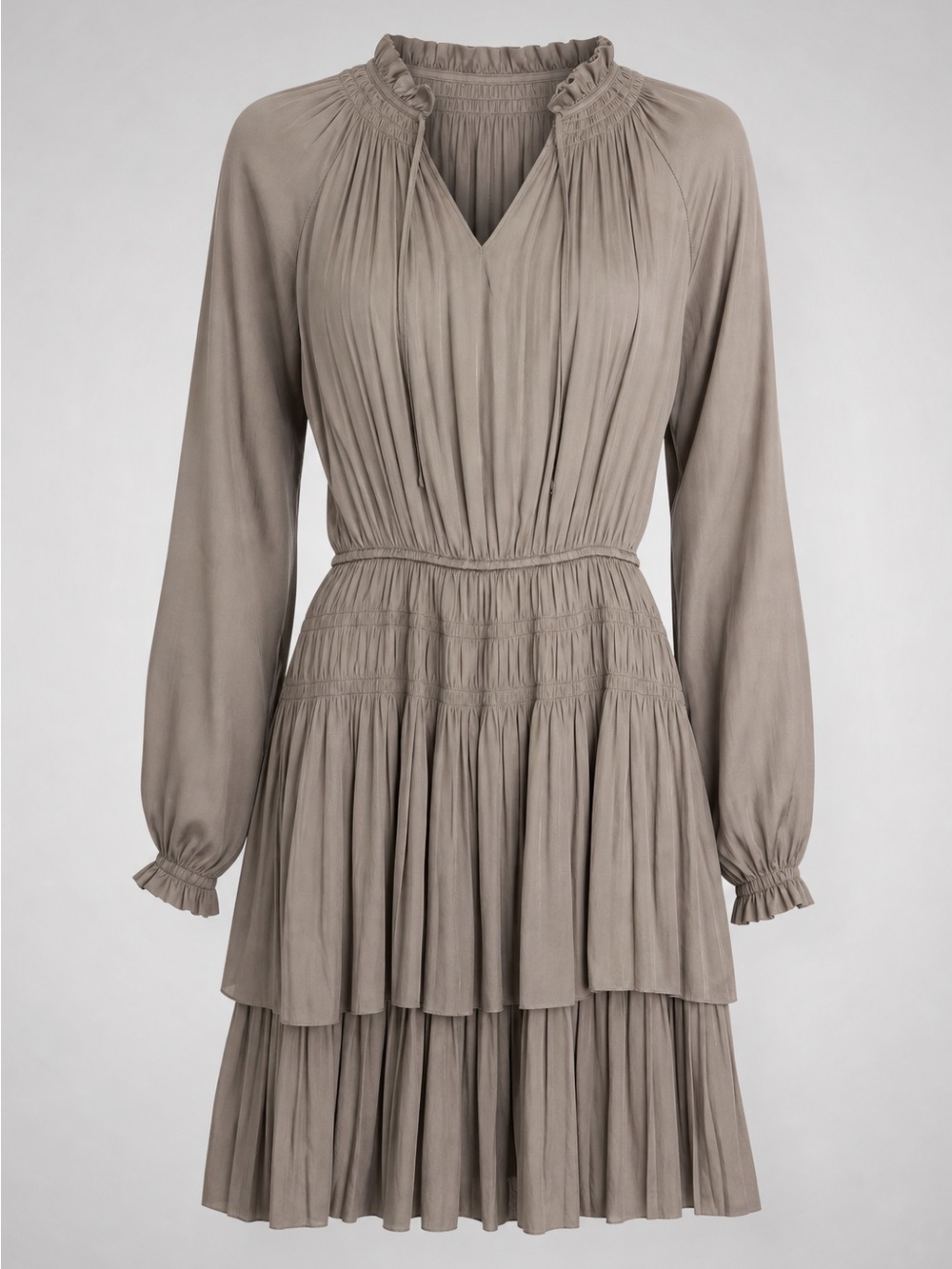 Smocked Tiered Long-Sleeve Midi Dress in Taupe